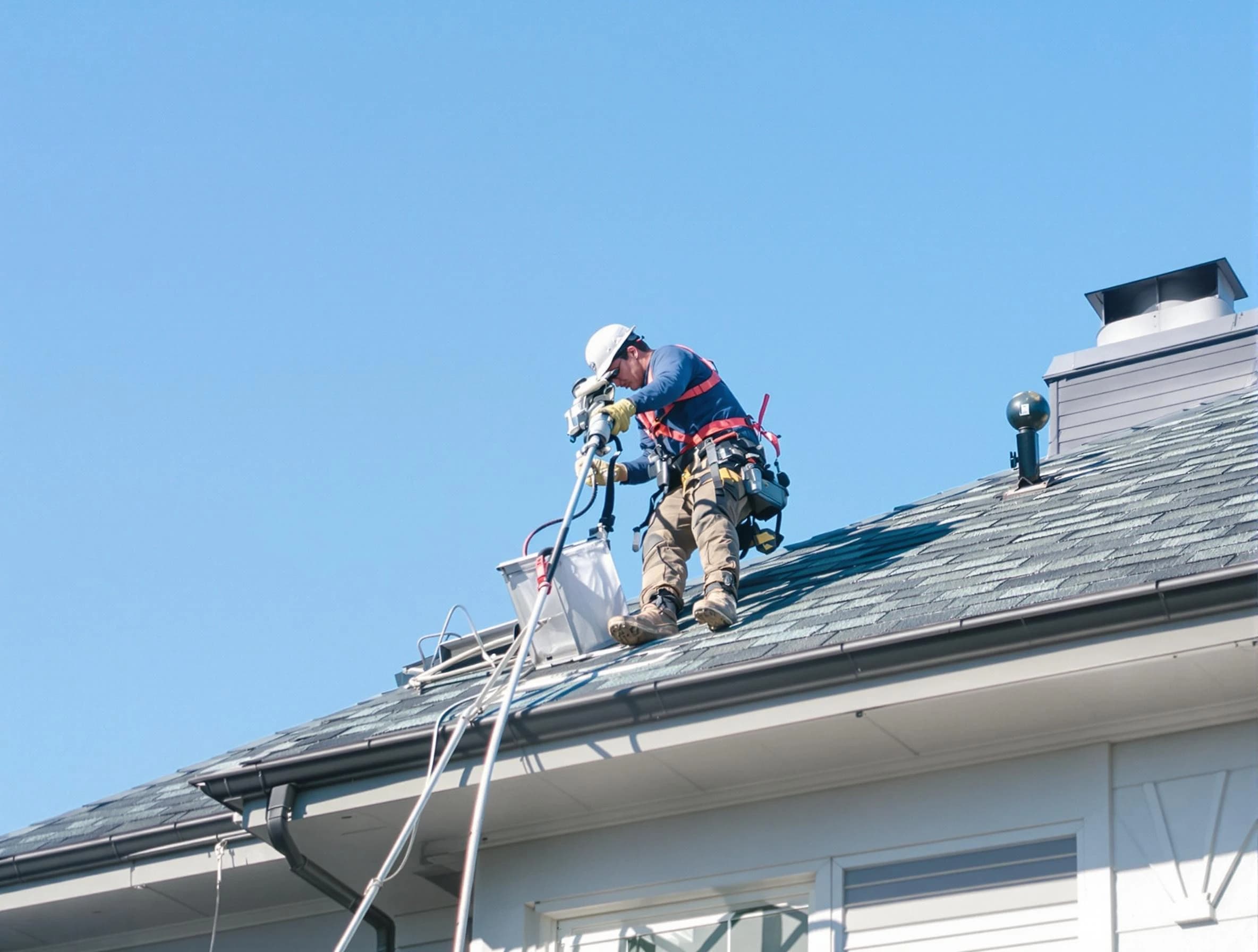 Newport Beach Dryer Vent Cleaning certified technician cleaning a roof-mounted dryer vent system in Newport Beach