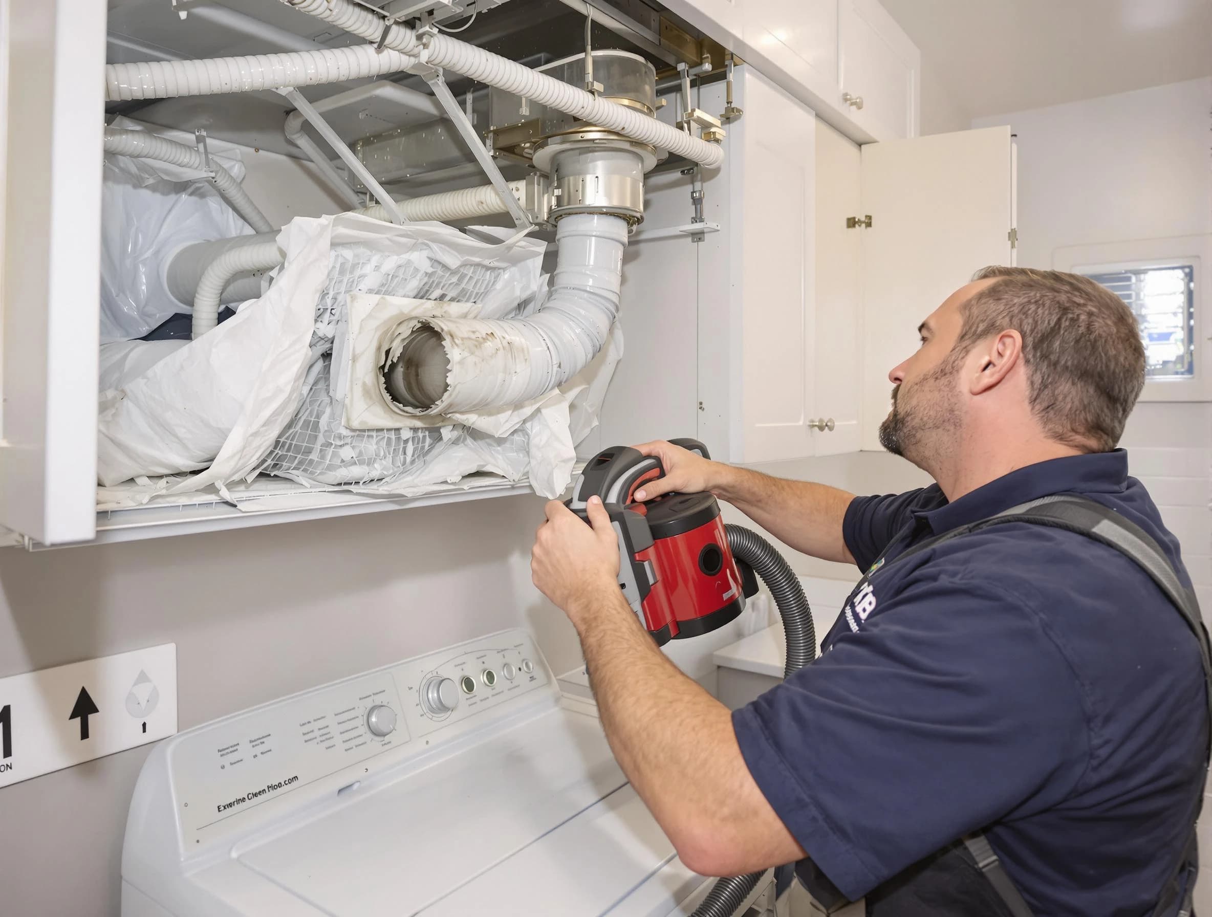 Newport Beach Dryer Vent Cleaning technician performing professional exhaust vent cleaning at a residential property in Newport Beach