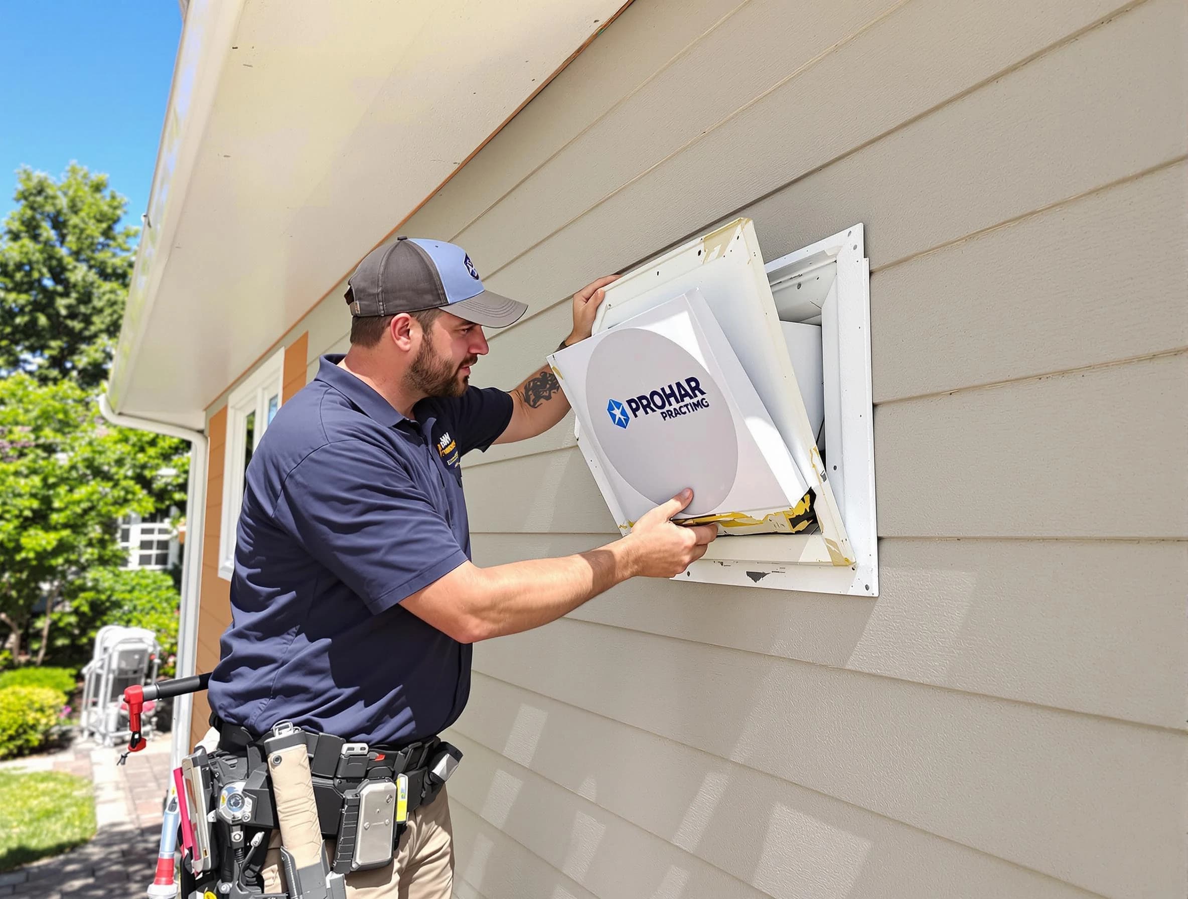 Newport Beach Dryer Vent Cleaning technician installing a new protective dryer vent cover on a home in Newport Beach
