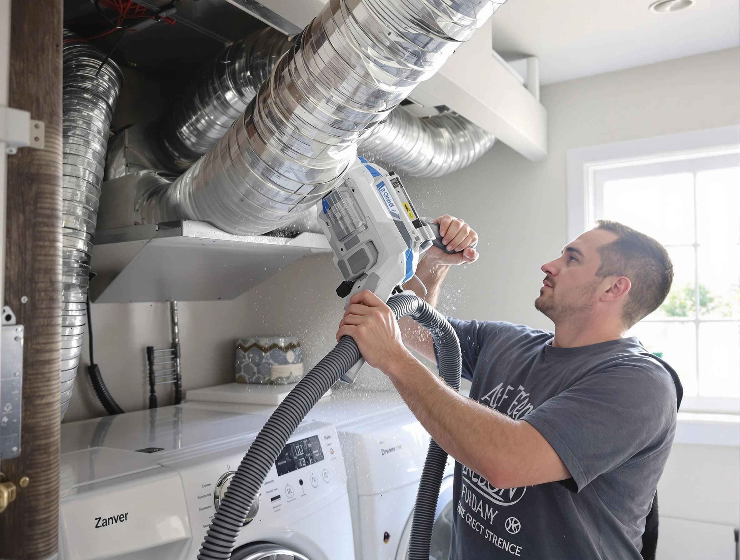 Newport Beach Dryer Vent Cleaning specialist cleaning deep within a dryer vent duct system in Newport Beach