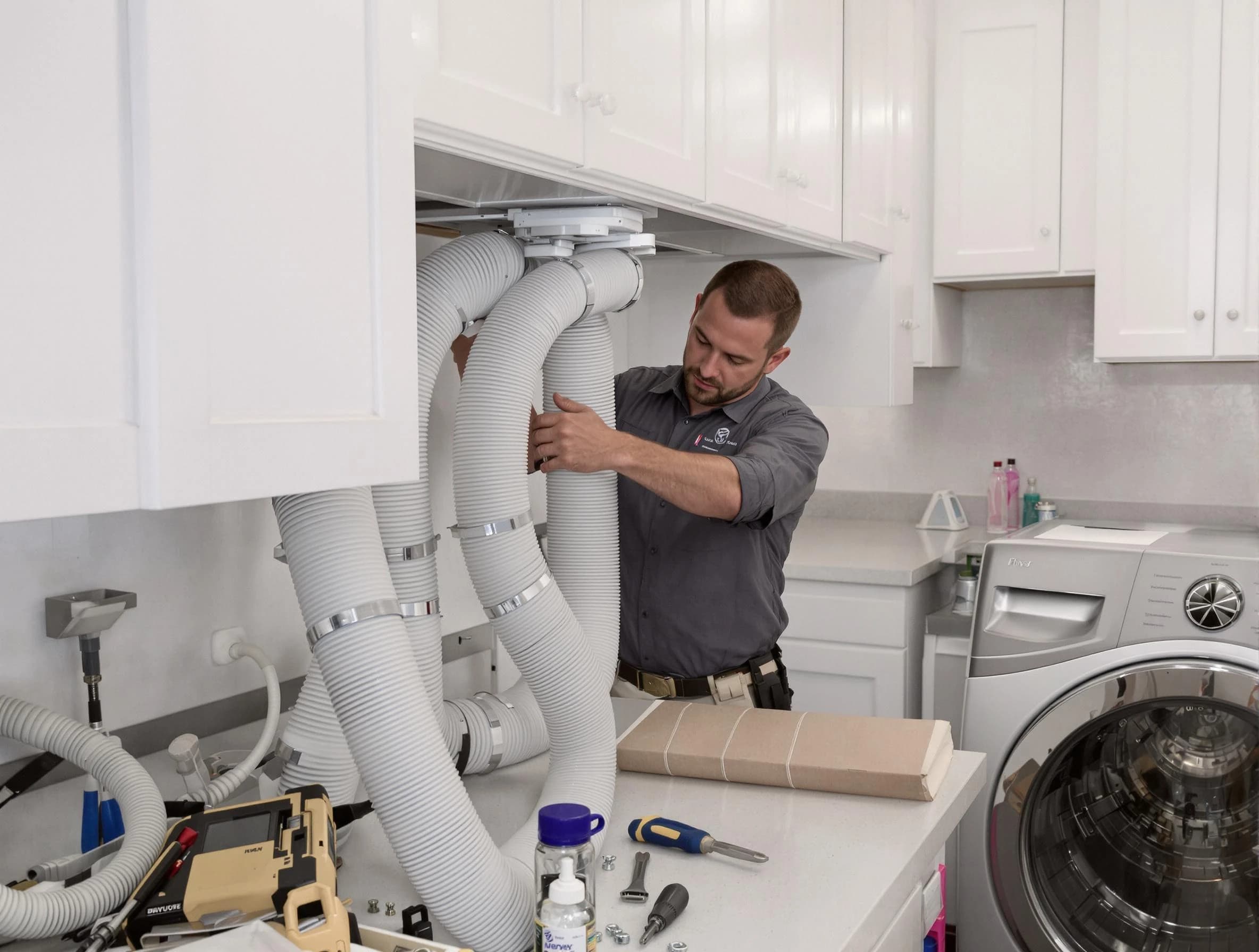 Newport Beach Dryer Vent Cleaning technician installing a new professional-grade dryer vent hose in Newport Beach