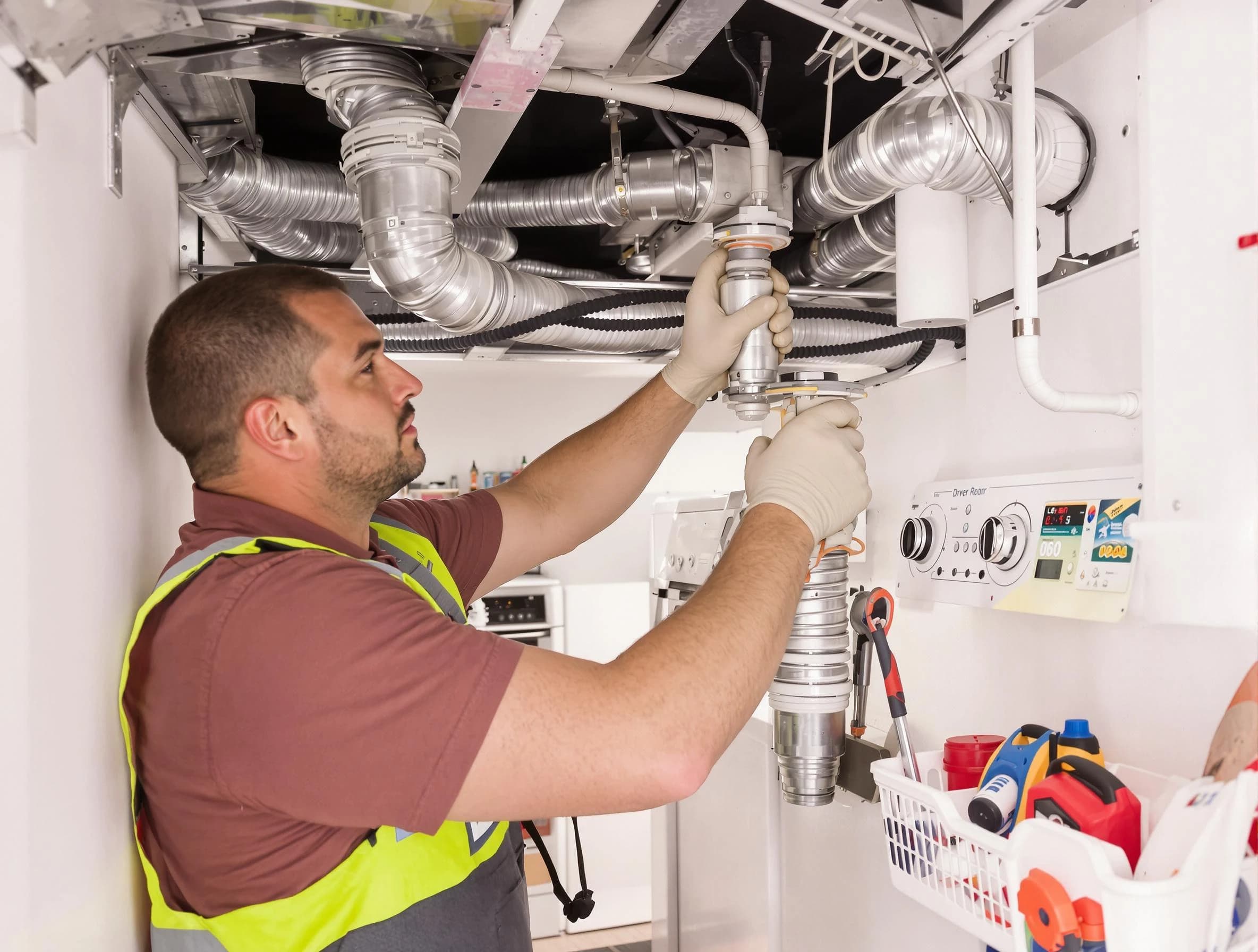 Newport Beach Dryer Vent Cleaning expert performing both repair and installation work on a dryer vent system in Newport Beach