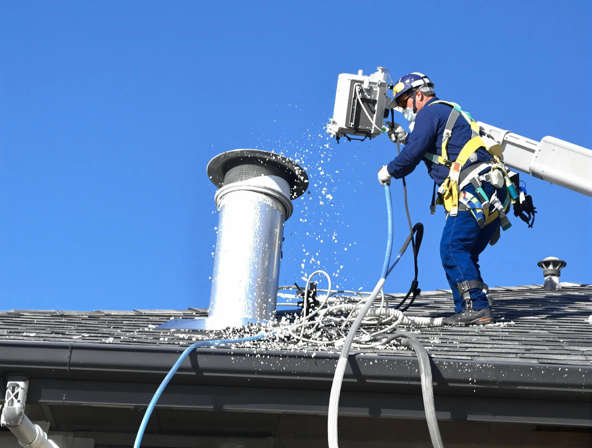 Newport Beach Dryer Vent Cleaning certified technician safely cleaning a roof-mounted dryer vent in Newport Beach