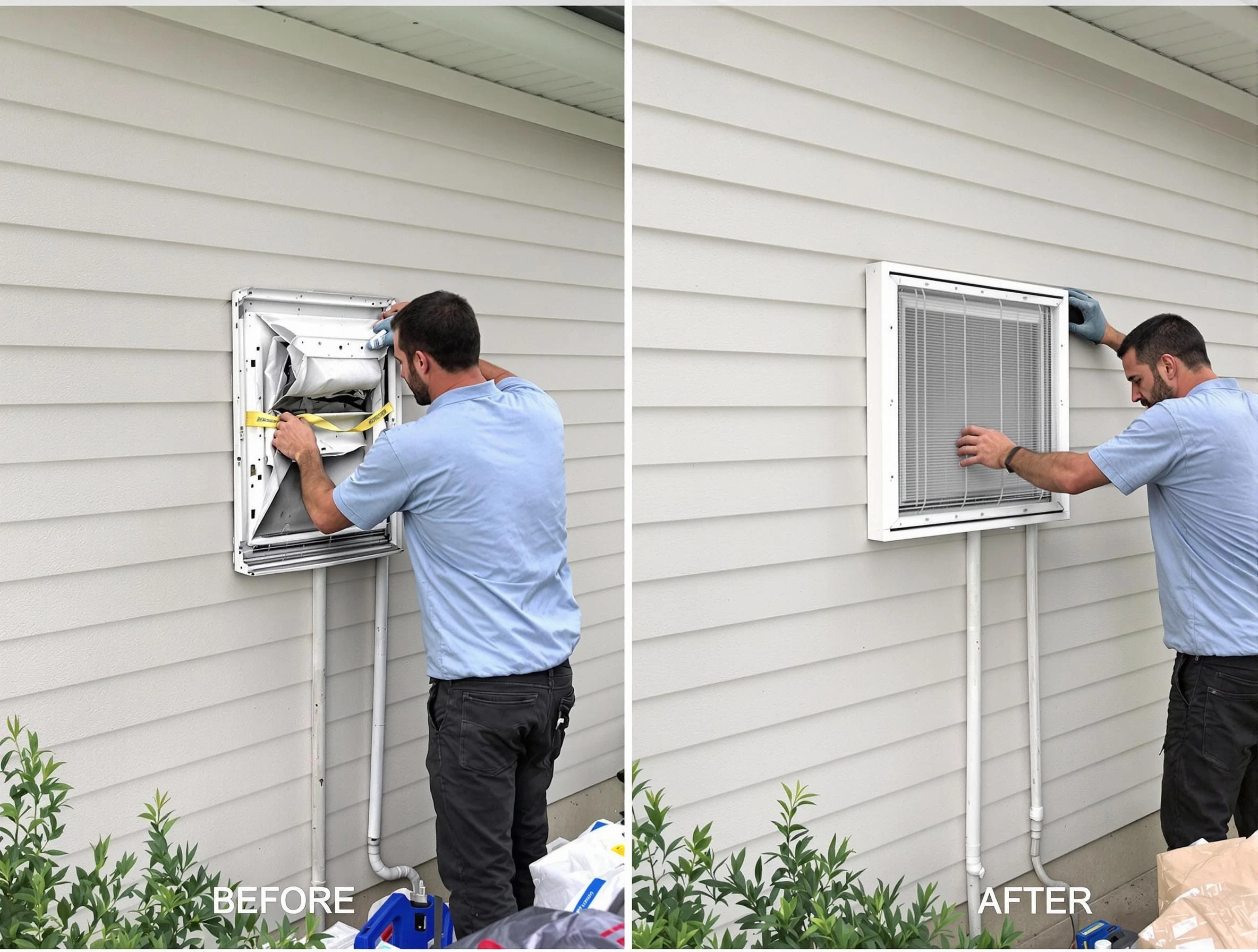 Newport Beach Dryer Vent Cleaning technician installing high-quality dryer vent cover at a residential property in Newport Beach